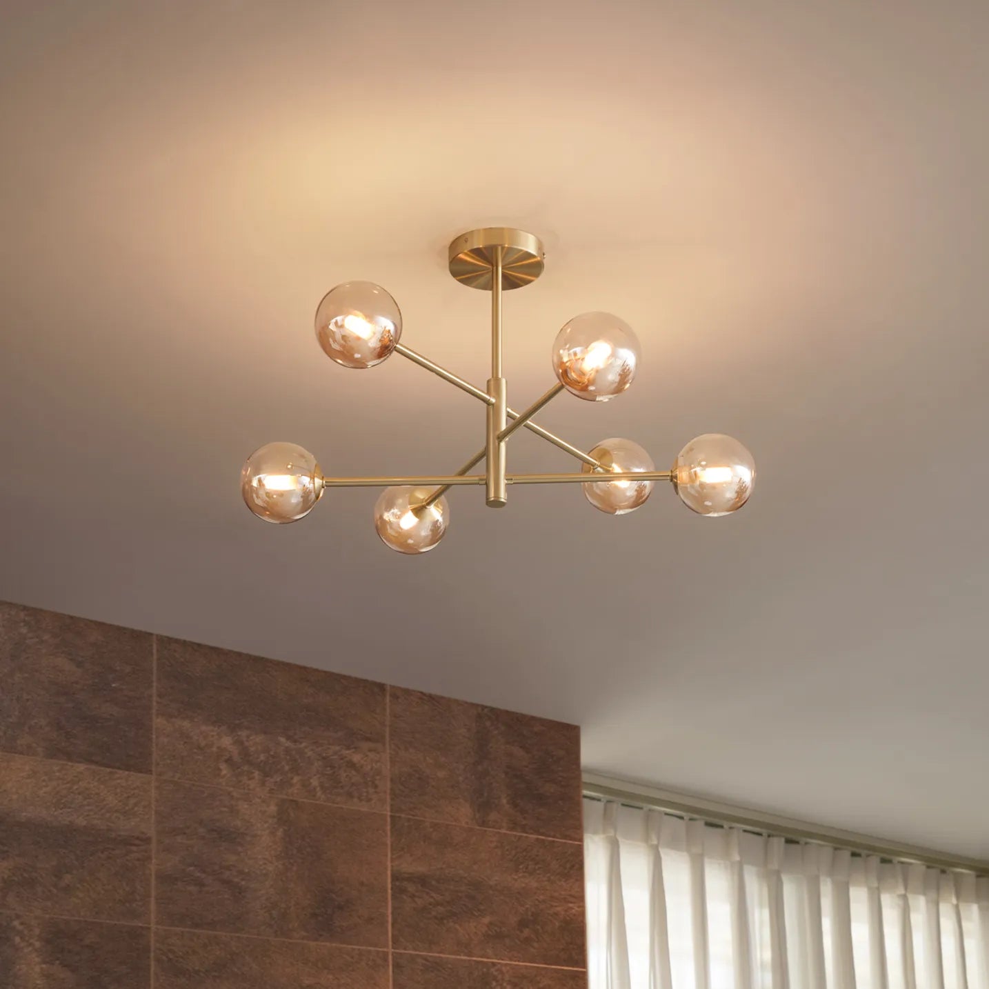 Ceiling Light – 6 Amber Glass Shades with Gold Metal Frame