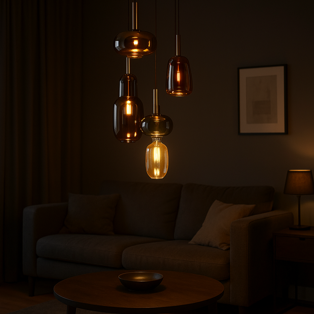 Pendant Light – 5 Glass Shades in Mixed Colors, Adjustable Height, E27 Fitting