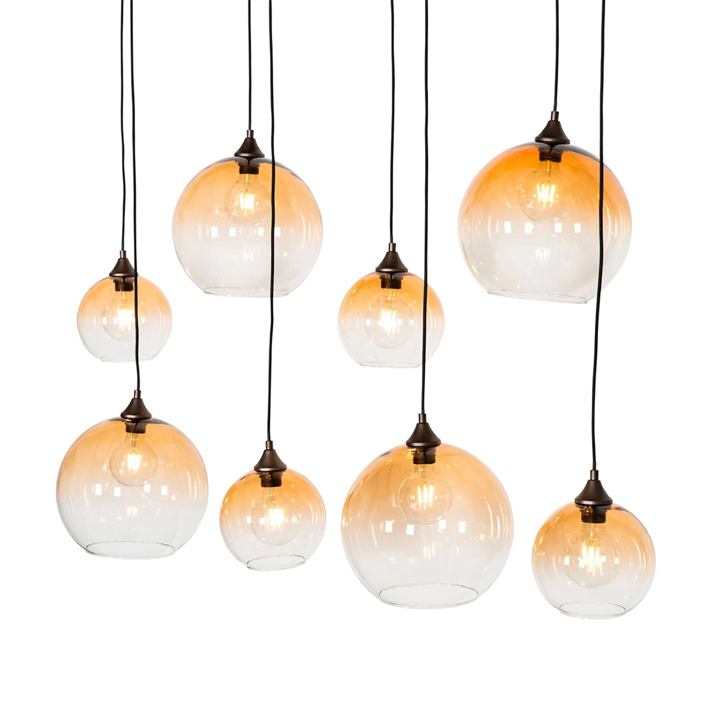 Pendant Light – 8 Amber Glass Globes, Dark Bronze Frame, Adjustable Height