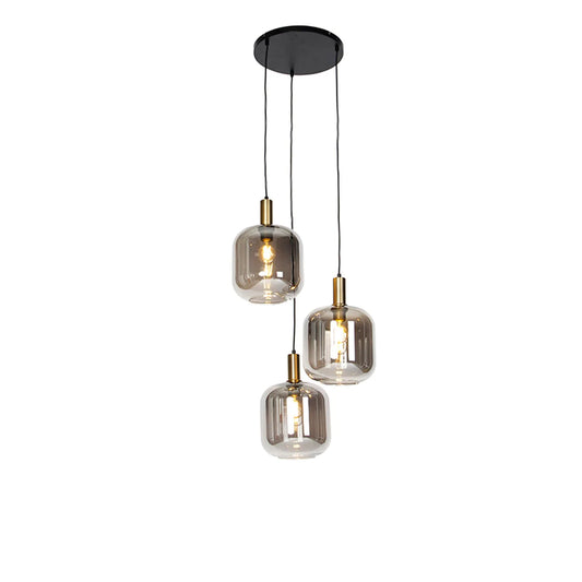 Pendant Light – 3 Smoky Glass Shades with Gold Detail, Black Ceiling Plate