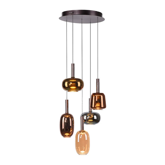 Pendant Light – 5 Glass Shades in Mixed Colors, Adjustable Height, E27 Fitting